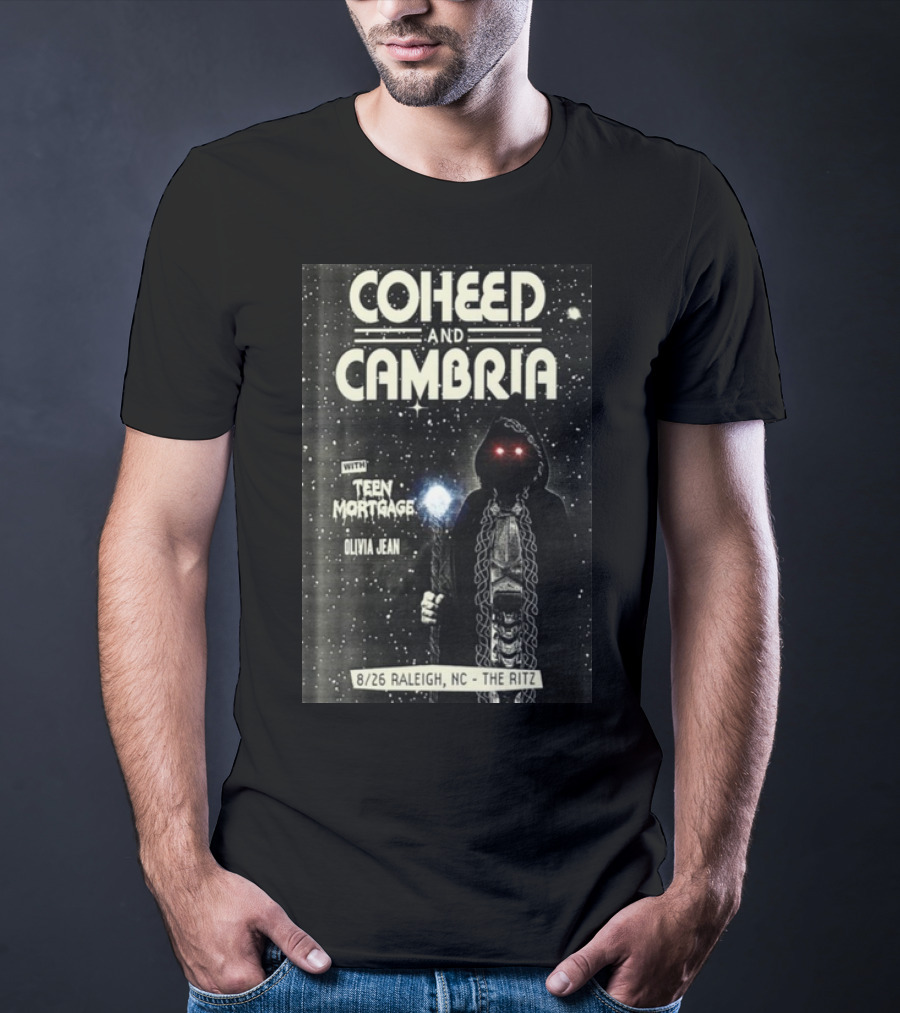 Coheed And Cambria 8/26 Raleigh NC The Ritz With Teen Mortgage Olivia Jean Mysterious Hooded Figure With Cosmic Background T-Shirt