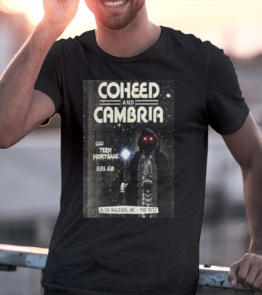 Coheed And Cambria 8/26 Raleigh NC The Ritz With Teen Mortgage Olivia Jean Mysterious Hooded Figure With Cosmic Background T-Shirt