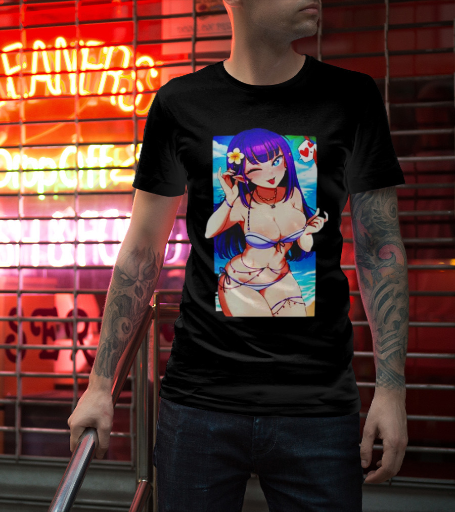 Hot Waifu Chika Fujiwara V2 Beach Anime Girl Winking Playing Card Flower Bikini T-Shirt