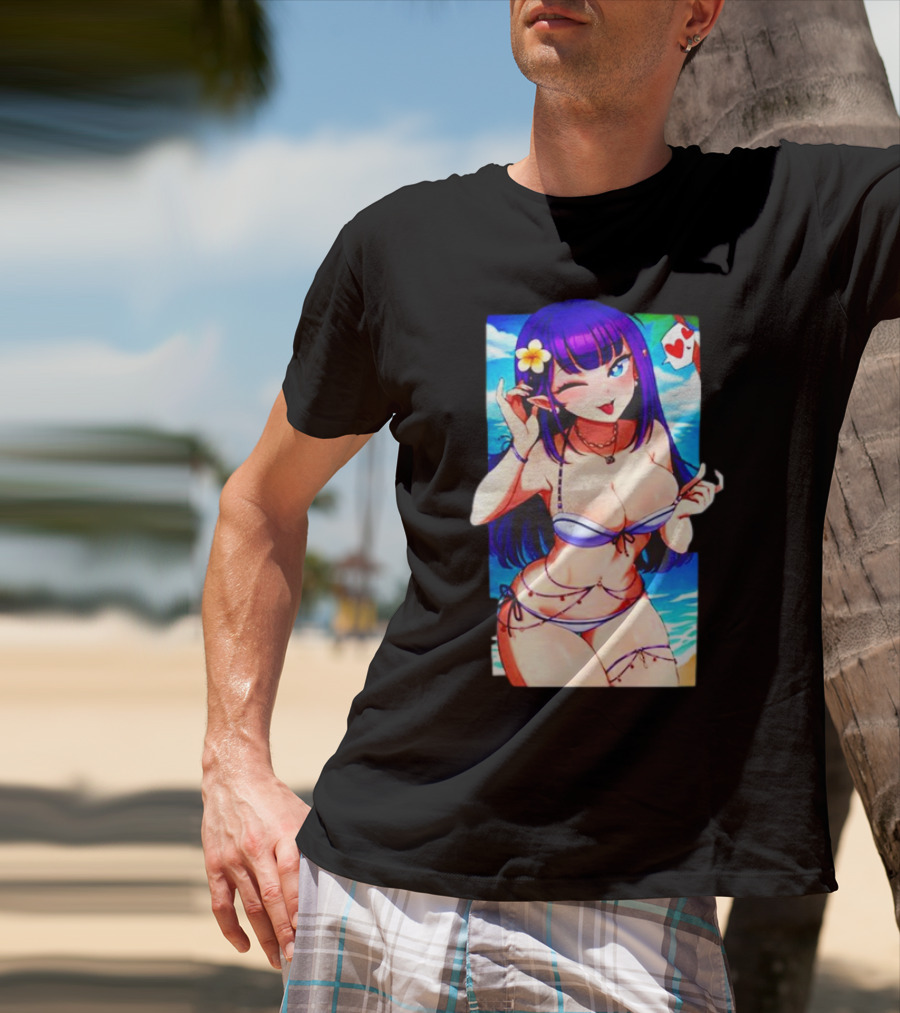Hot Waifu Chika Fujiwara V2 Beach Anime Girl Winking Playing Card Flower Bikini T-Shirt