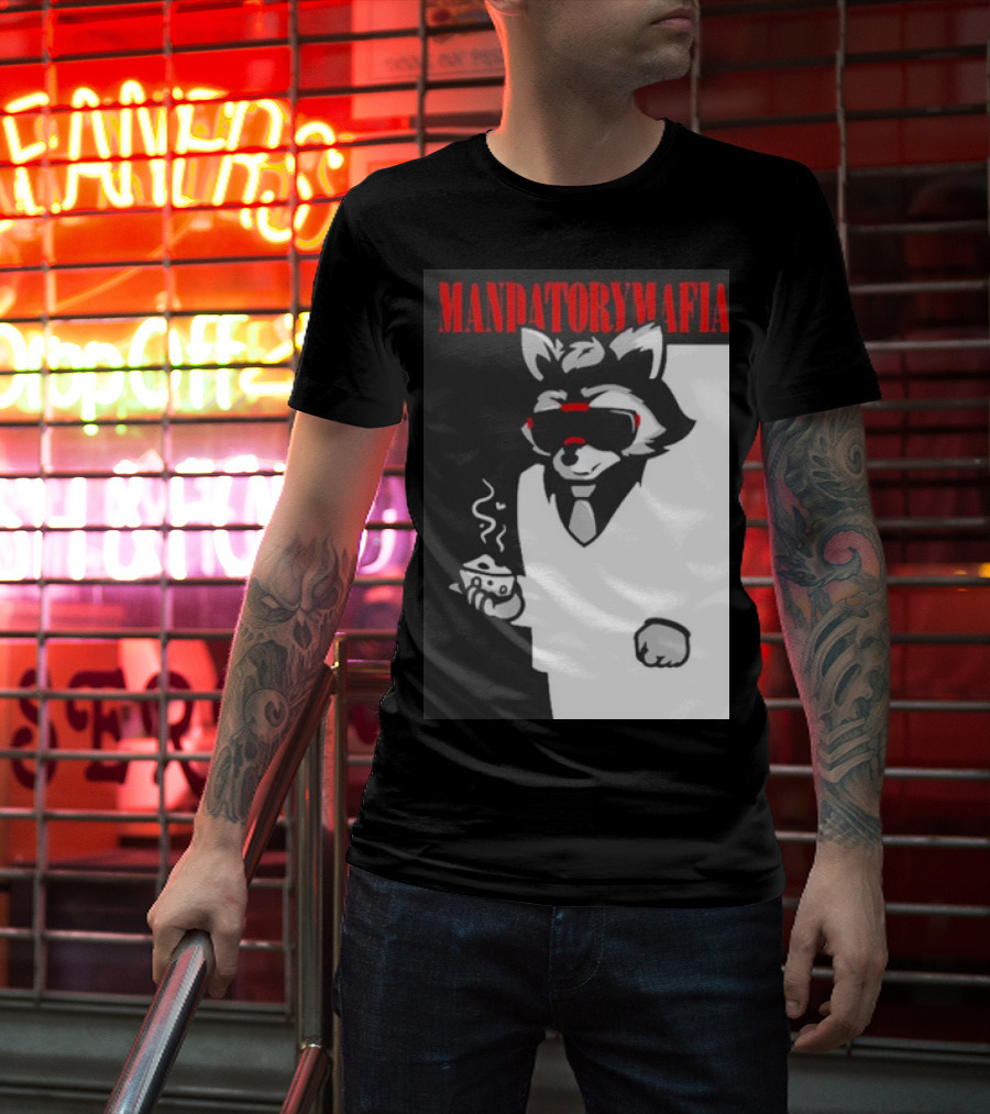 MANDATORY MAFIA RACCOON WITH COFFEE IN SUIT AND SUNGLASSES T-Shirt