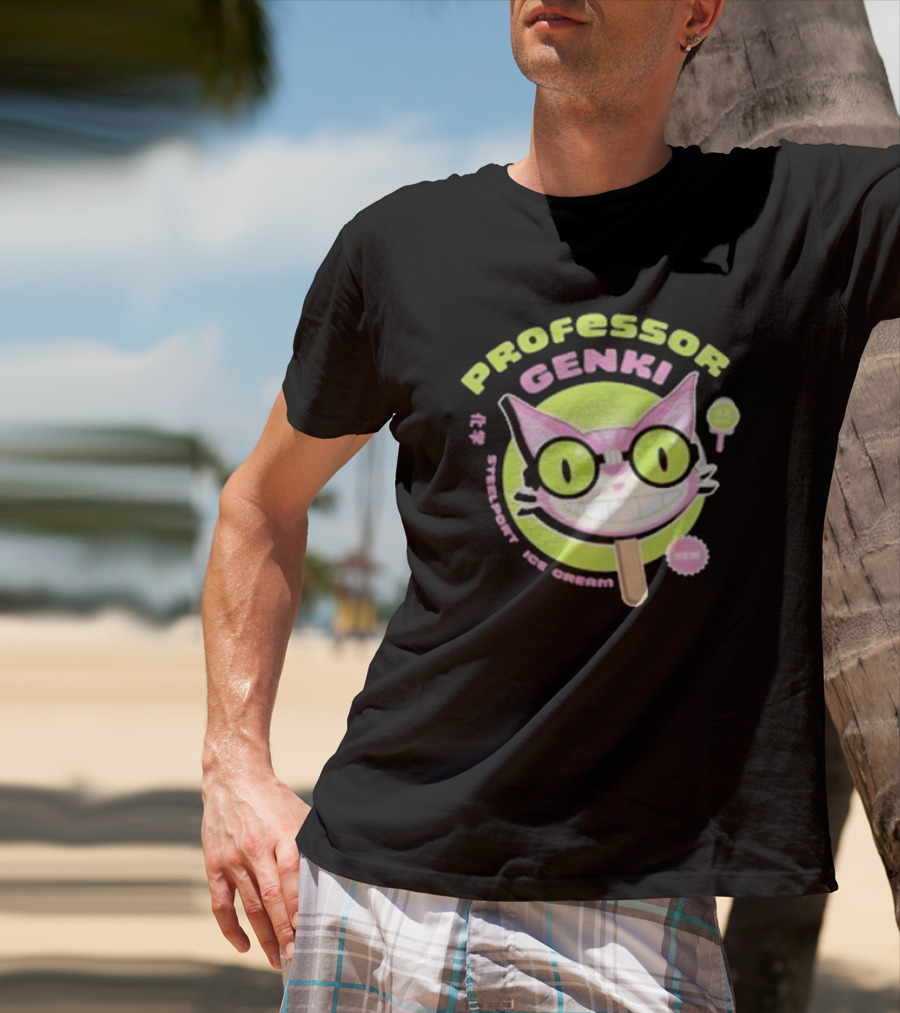 Professor Genki Steelport Ice Cream Cat Neon Green Pink Fun T-Shirt