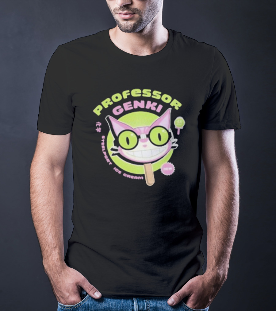 Professor Genki Steelport Ice Cream Cat Neon Green Pink Fun T-Shirt