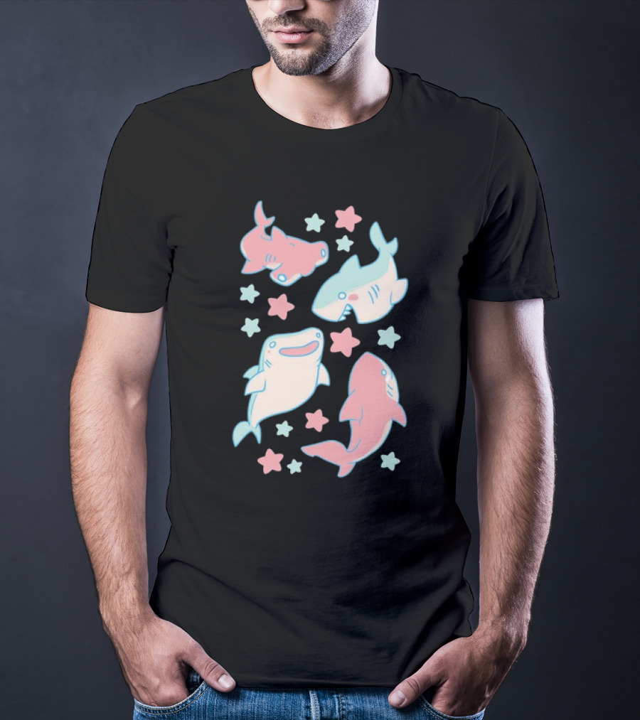 Happy Cartoon Sharks And Stars T-Shirt