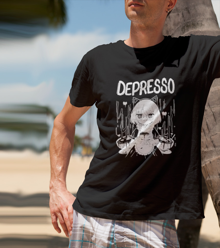 Depresso Cat-Eared Maid With Coffee Cups And Sad Expression T-Shirt