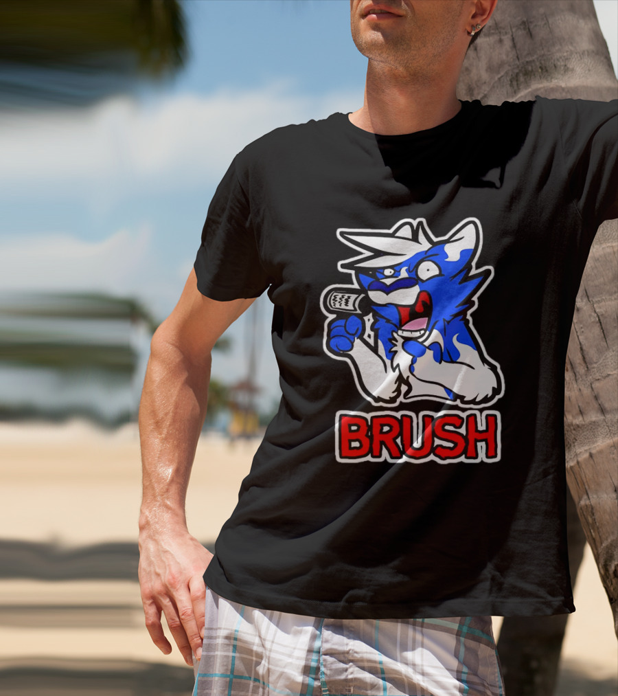 Fox Brush Cartoon Blue And White Character With Microphone T-Shirt