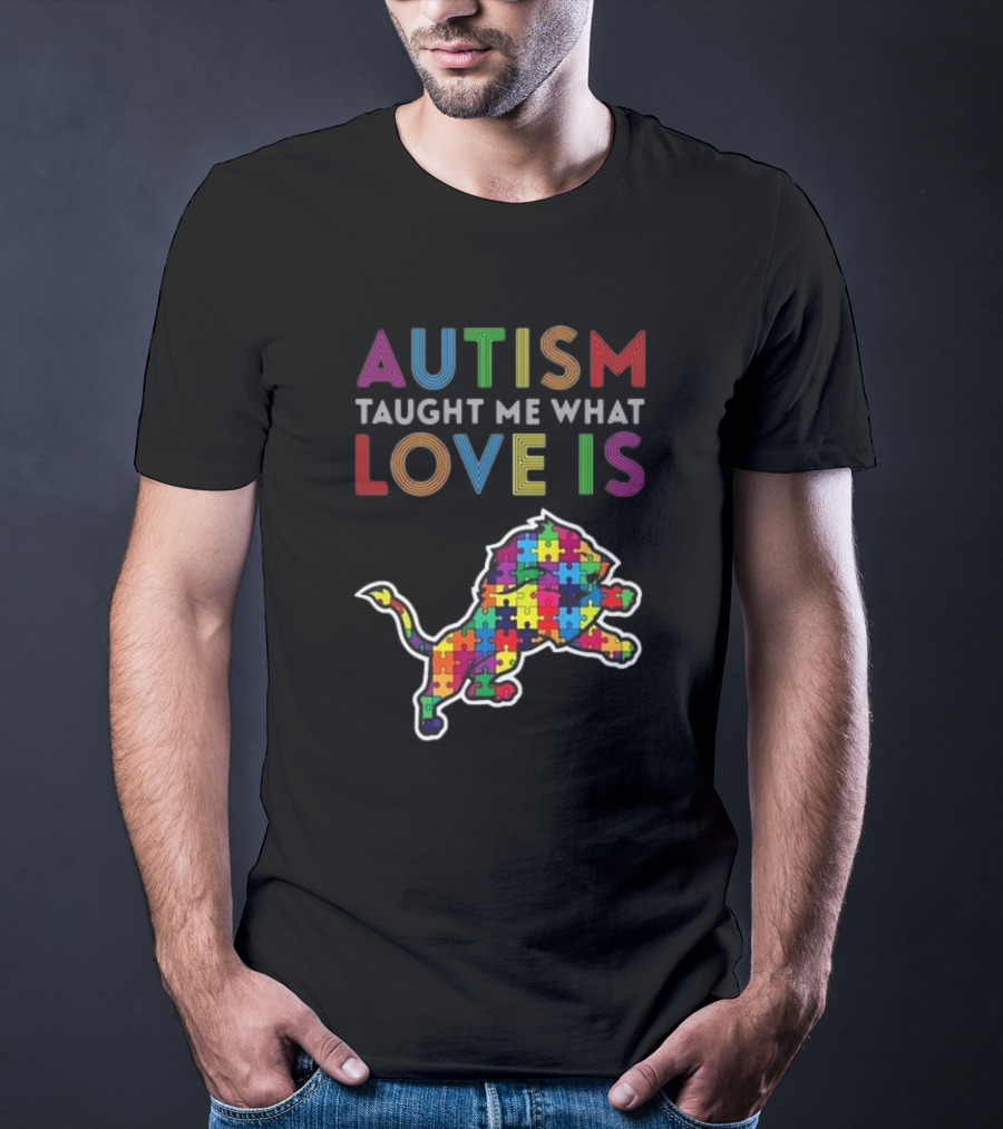 Detroit Lions Autism Taught Me What Love Is Puzzle Lion T-Shirt