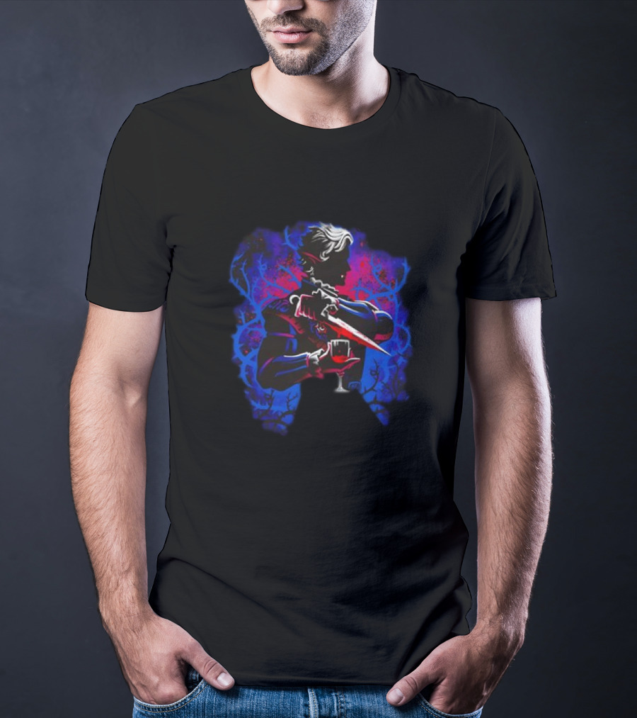 High Elf Vampire Dark Fantasy Silhouette With Dagger And Wine Glass T-Shirt