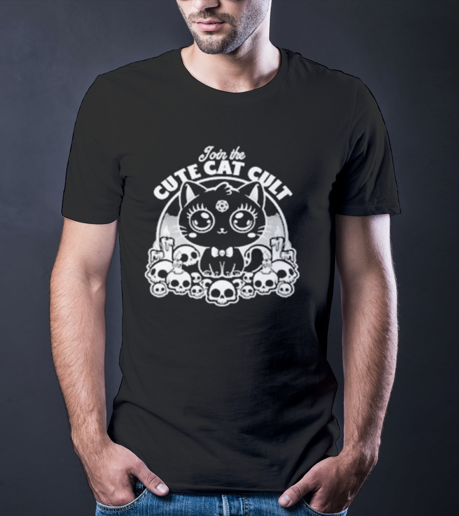 Join The Cute Cat Cult Black And White Skull Cat Surrounded By Skulls T-Shirt