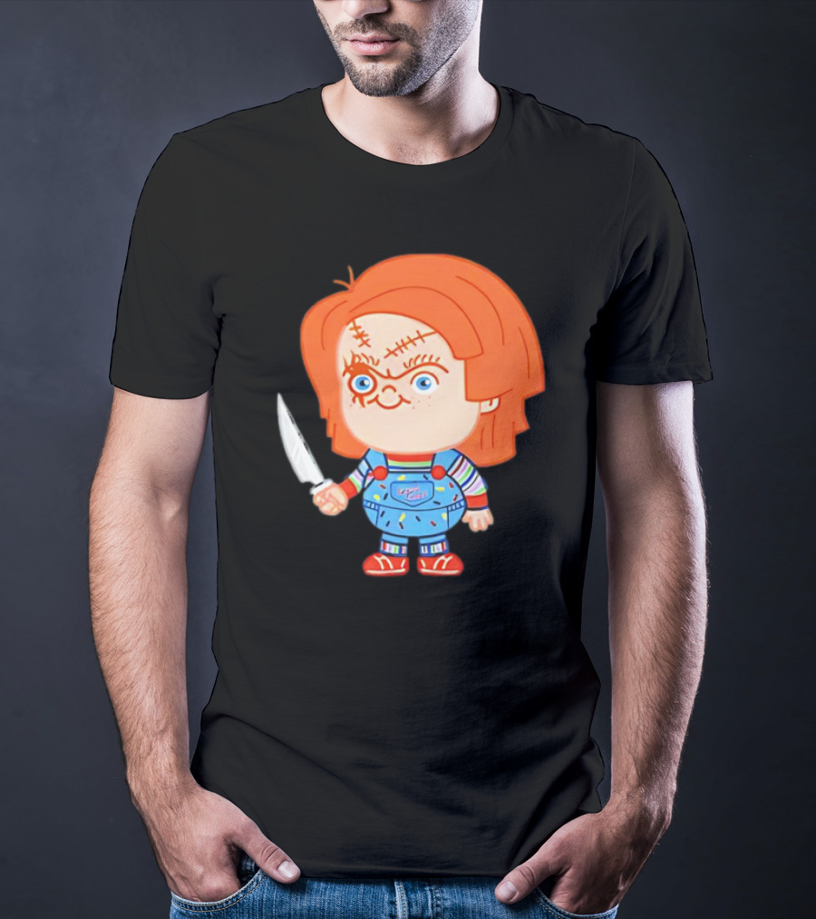 Chucky Evil Doll With Knife In Striped Lovely Overalls T-Shirt