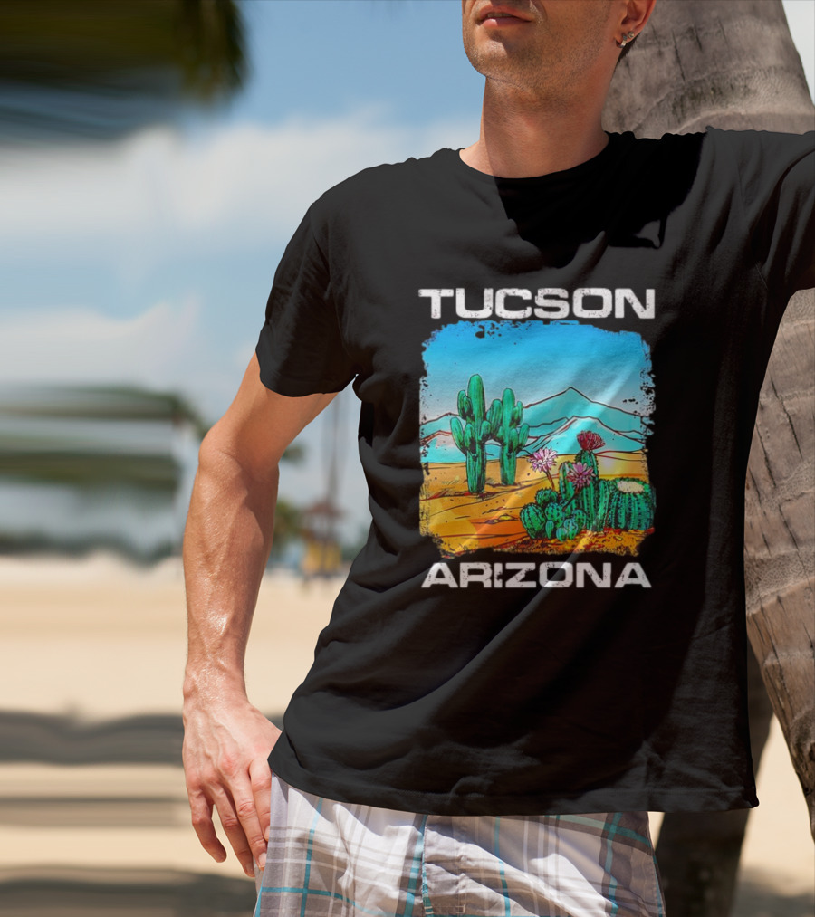 Tucson Arizona Retro Desert Scene With Cactus And Mountains T-Shirt
