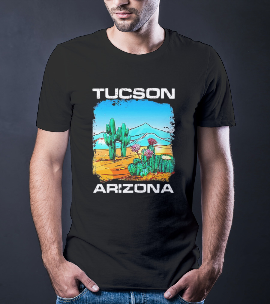 Tucson Arizona Retro Desert Scene With Cactus And Mountains T-Shirt