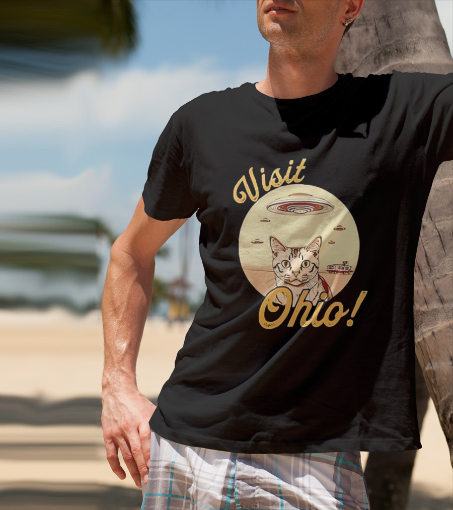 Visit Ohio Cat UFO Alien Spaceship Adventure T-Shirt