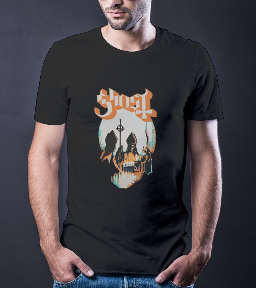 Ghost Band Skull Reflections With Cross And Cathedral Elements T-Shirt