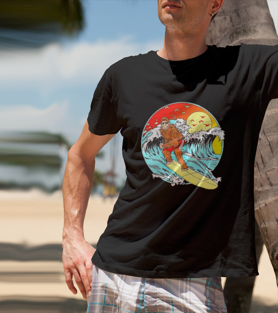 Bigfoot Surfing Sasquatch Retro 80s Beach Waves Sun Fun T-Shirt
