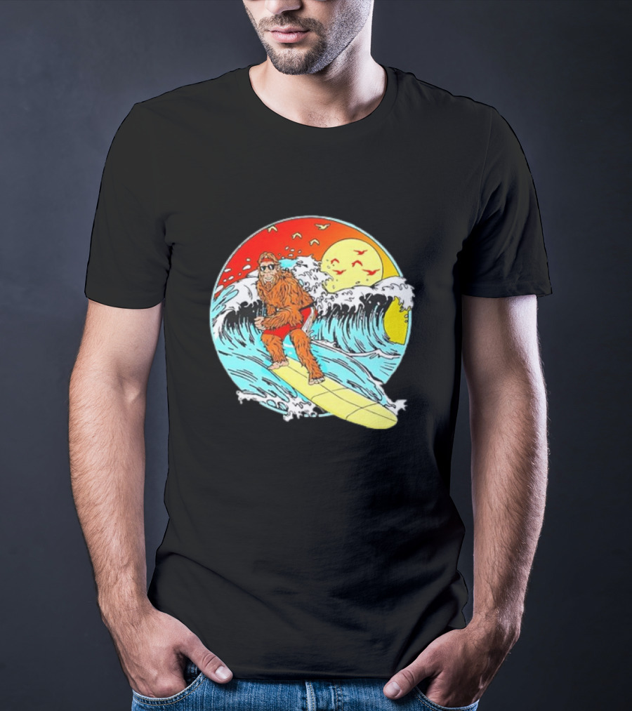 Bigfoot Surfing Sasquatch Retro 80s Beach Waves Sun Fun T-Shirt