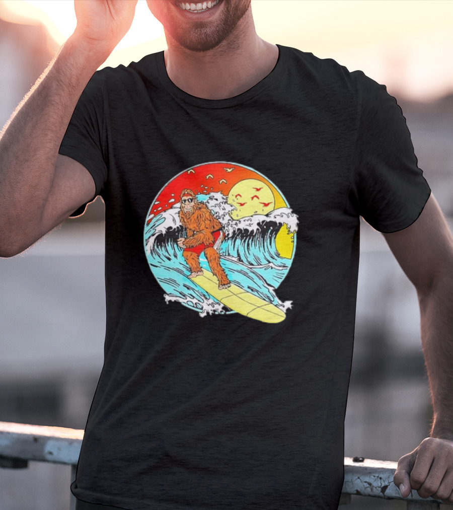 Bigfoot Surfing Sasquatch Retro 80s Beach Waves Sun Fun T-Shirt