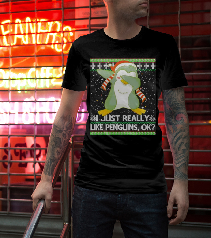 I Just Really Like Penguins Ok Ugly Christmas Cute Dabbing Penguin T-Shirt