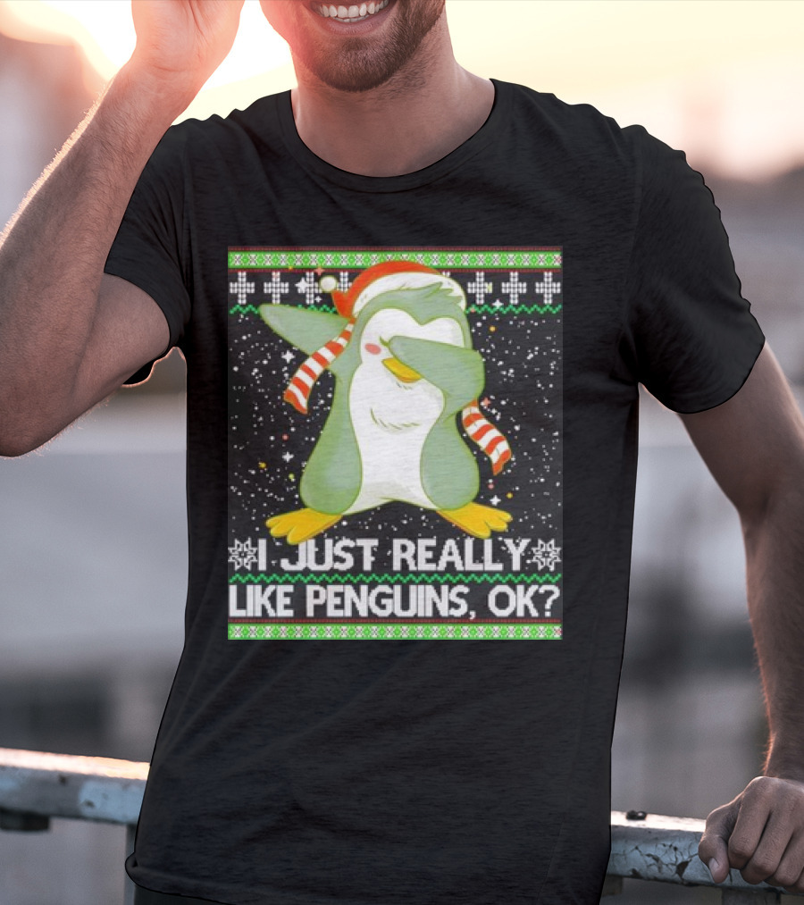 I Just Really Like Penguins Ok Ugly Christmas Cute Dabbing Penguin T-Shirt
