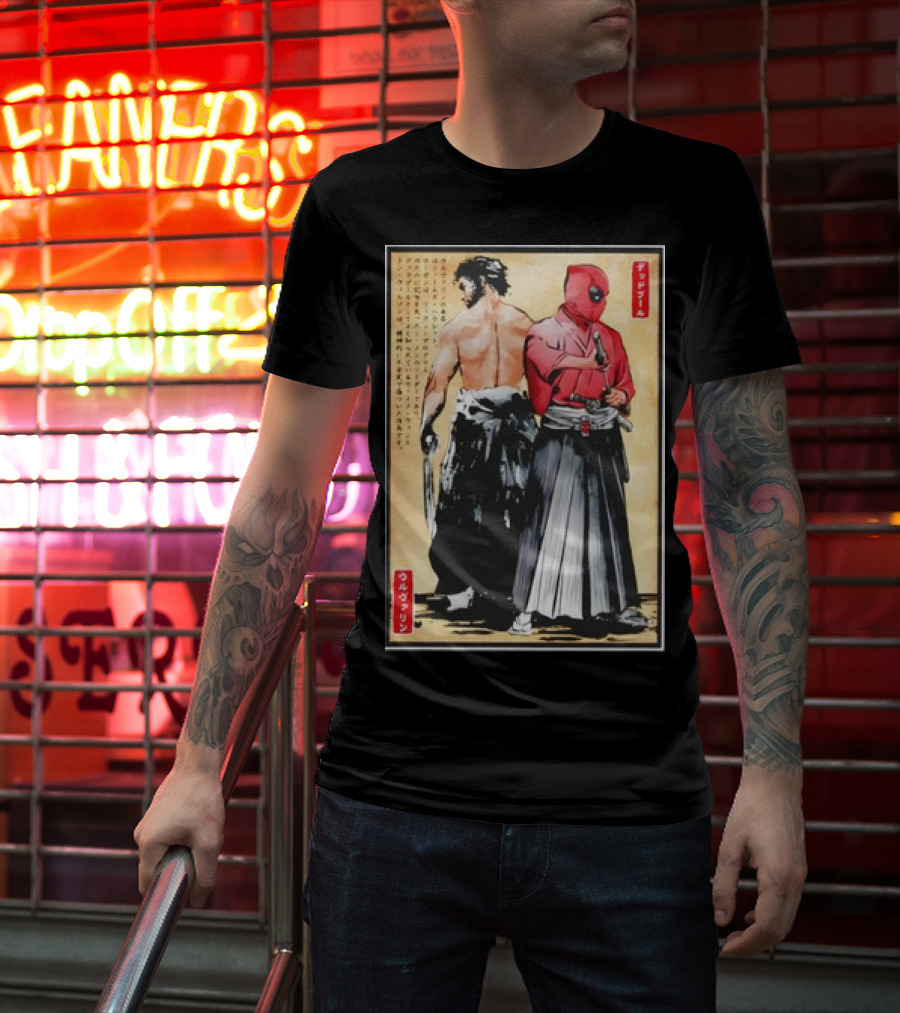 Mutant Samurai And Red Ronin Deadpool Wolverine Woodblock T-Shirt