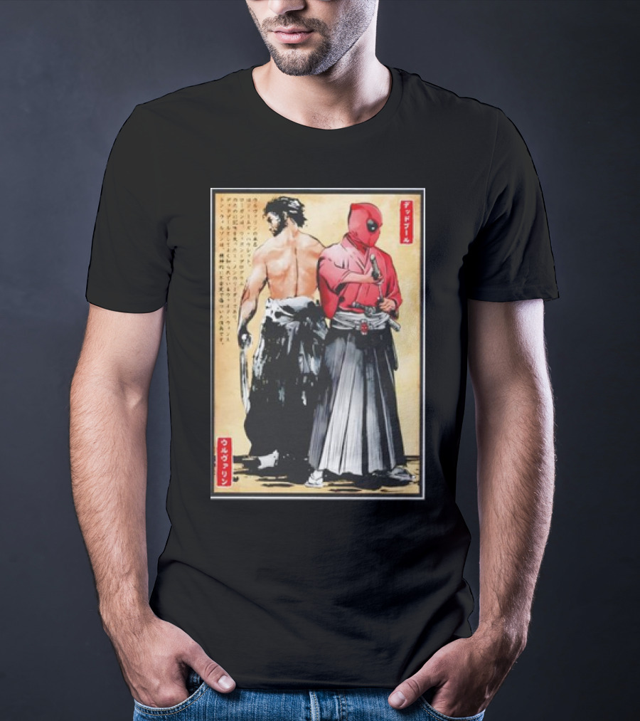 Mutant Samurai And Red Ronin Deadpool Wolverine Woodblock T-Shirt