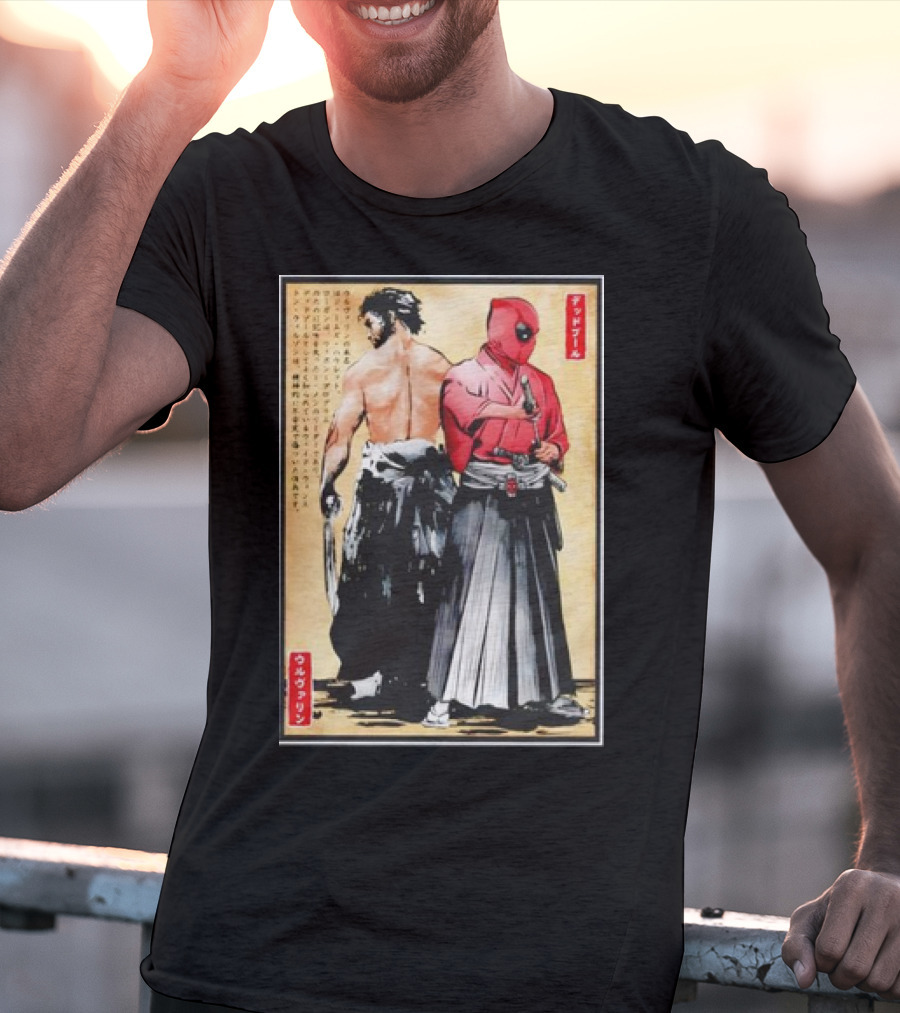 Mutant Samurai And Red Ronin Deadpool Wolverine Woodblock T-Shirt
