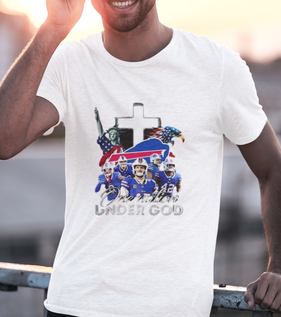Buffalo Bills One Nation Under God American Flag Eagle Cross Statue Of Liberty Football Players T-Shirt