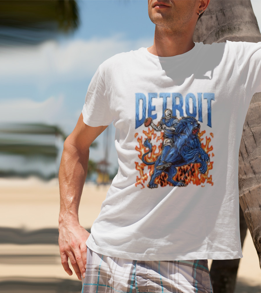 Detroit Lions Skeleton Quarterback Riding Flaming Blue Lion T-Shirt