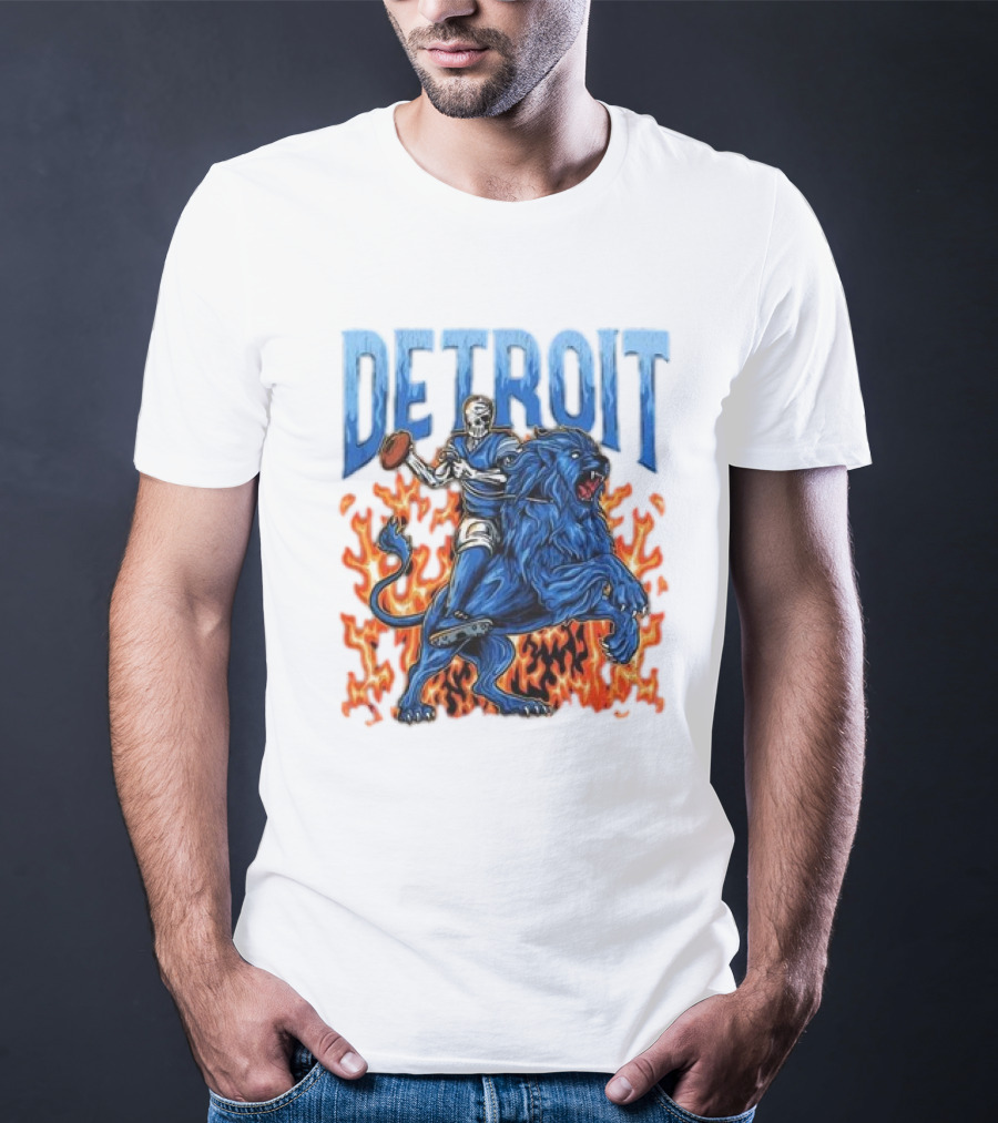 Detroit Lions Skeleton Quarterback Riding Flaming Blue Lion T-Shirt