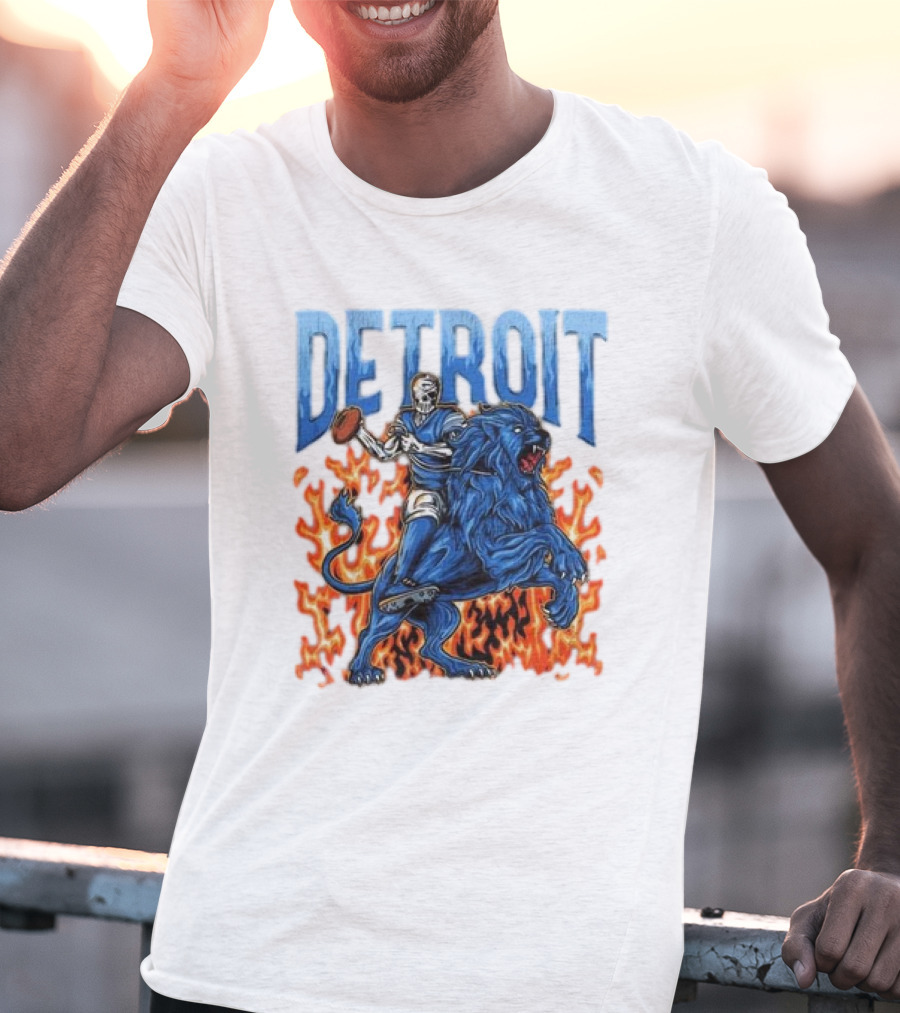 Detroit Lions Skeleton Quarterback Riding Flaming Blue Lion T-Shirt