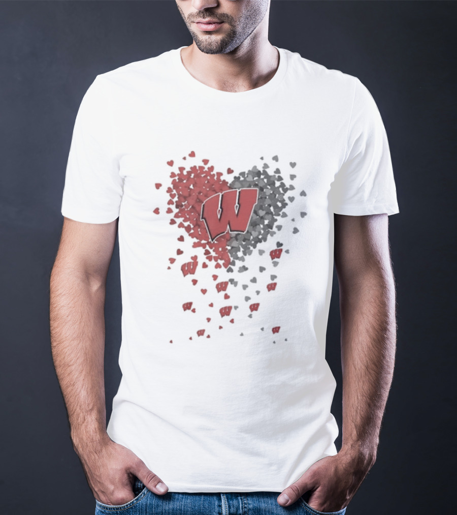 Heart Full Of Wisconsin Badgers Logo With Falling Hearts T-Shirt