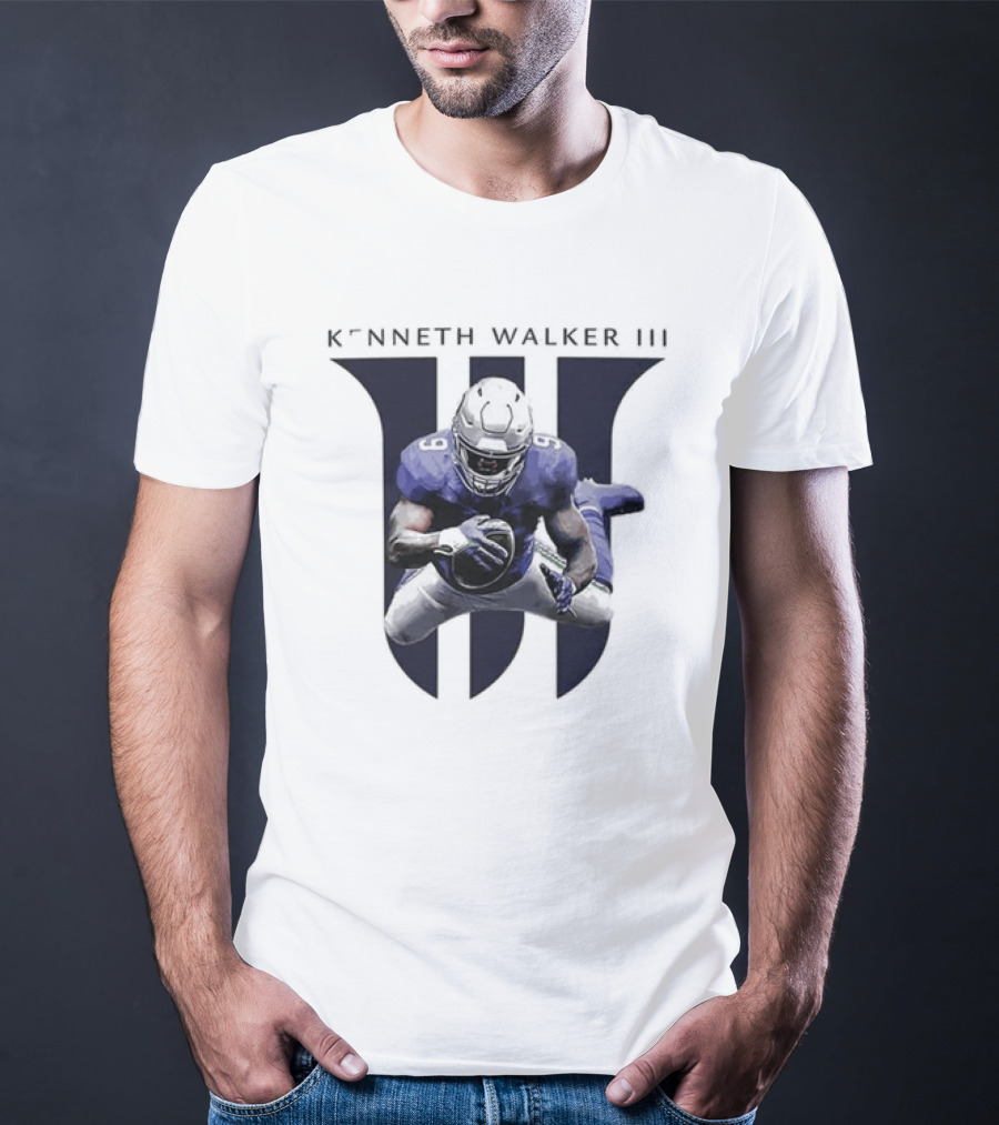Kenneth Walker III Football Jump In Blue Uniform T-Shirt