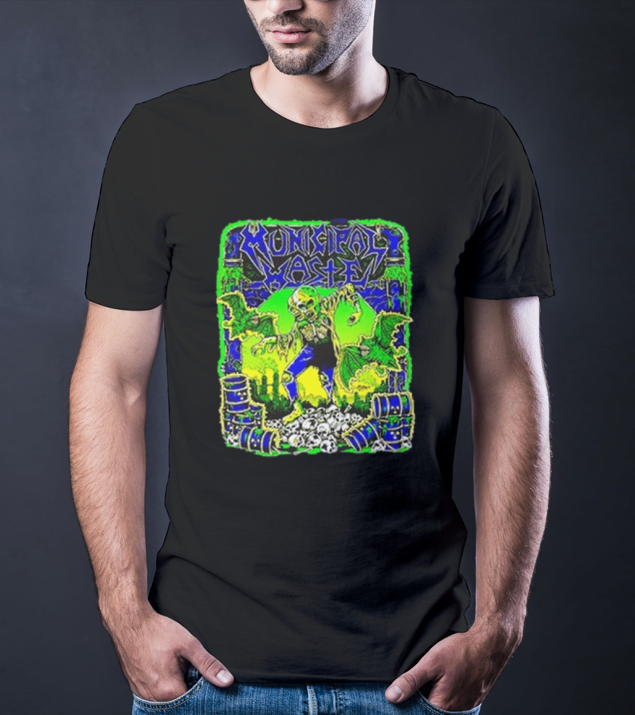 Municipal Waste Radioactive Creature With Toxic Barrels And Green Bats T-Shirt