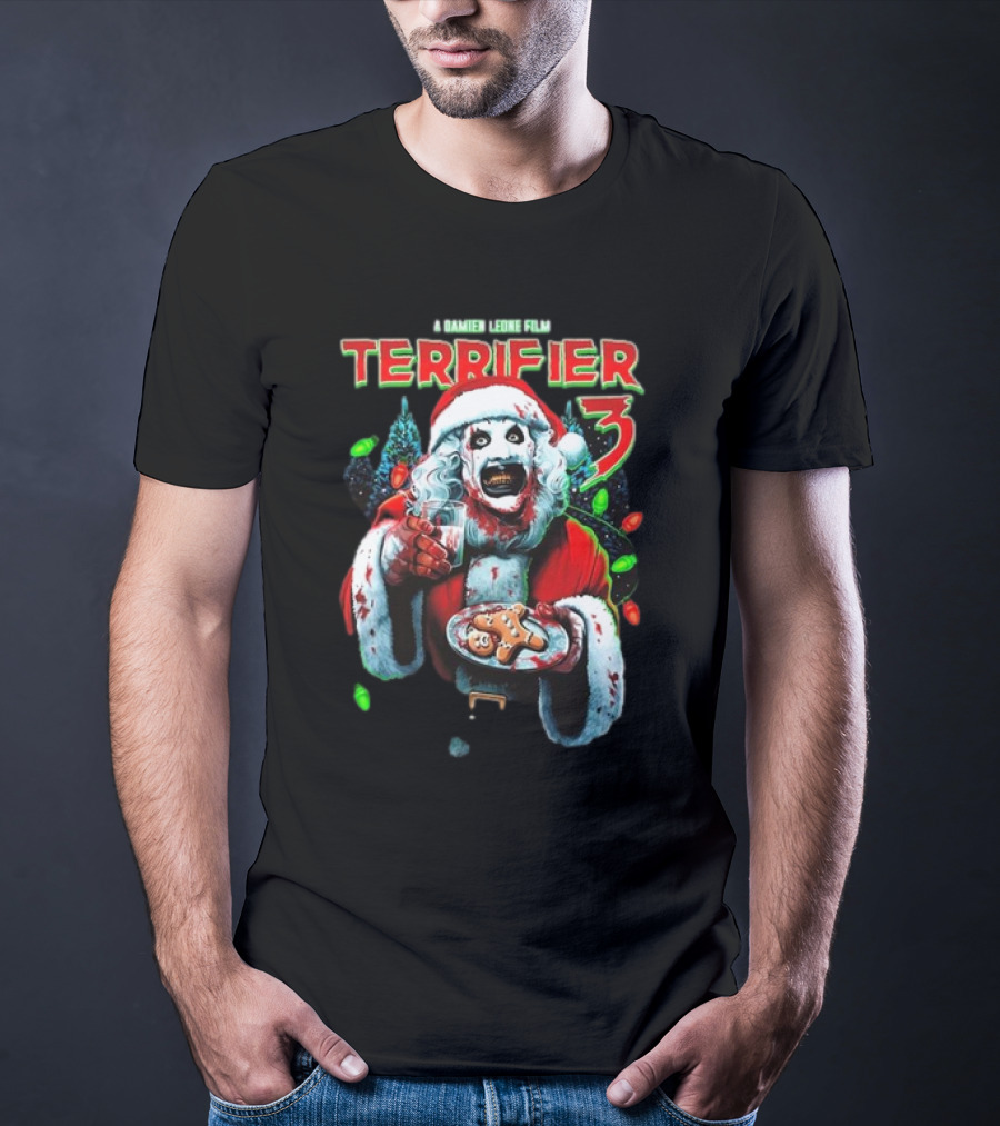 Terrifier 3 A Damien Leone Film Christmas With Milk And Carnage Santa Holding Gingerbread And Glass T-Shirt