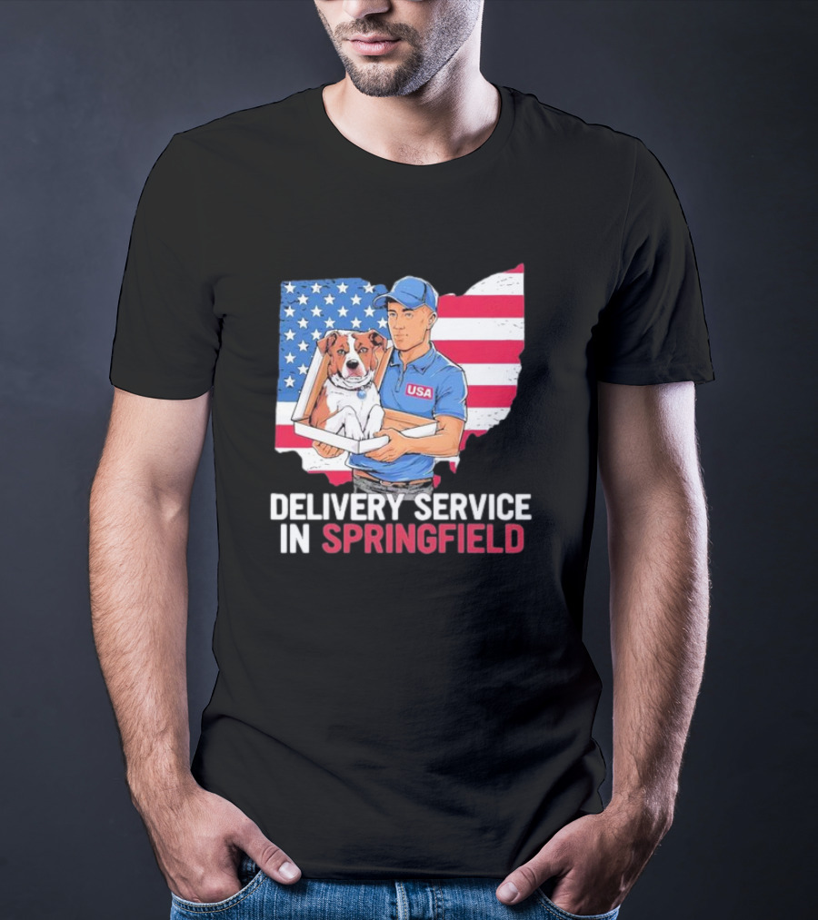 Delivery Service In Springfield USA Dog Parcel Ohio Flag Background T-Shirt