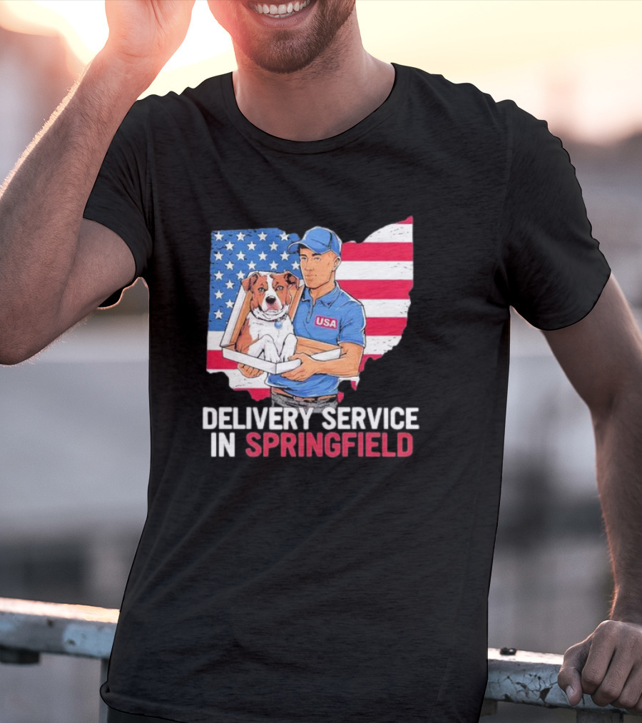 Delivery Service In Springfield USA Dog Parcel Ohio Flag Background T-Shirt
