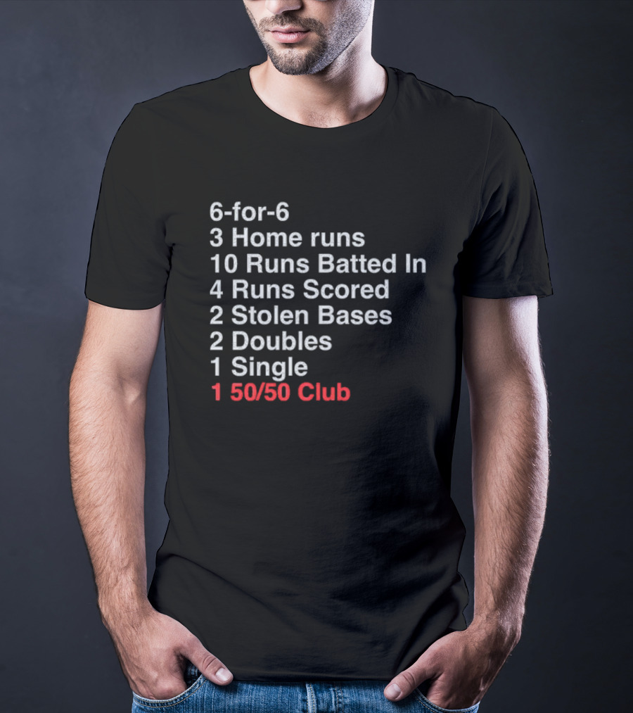 Shohei Ohtani 6-for-6 3 Home Runs 10 Runs Batted In 4 Runs Scored 2 Stolen Bases 2 Doubles 1 Single 50-50 Club T-Shirt