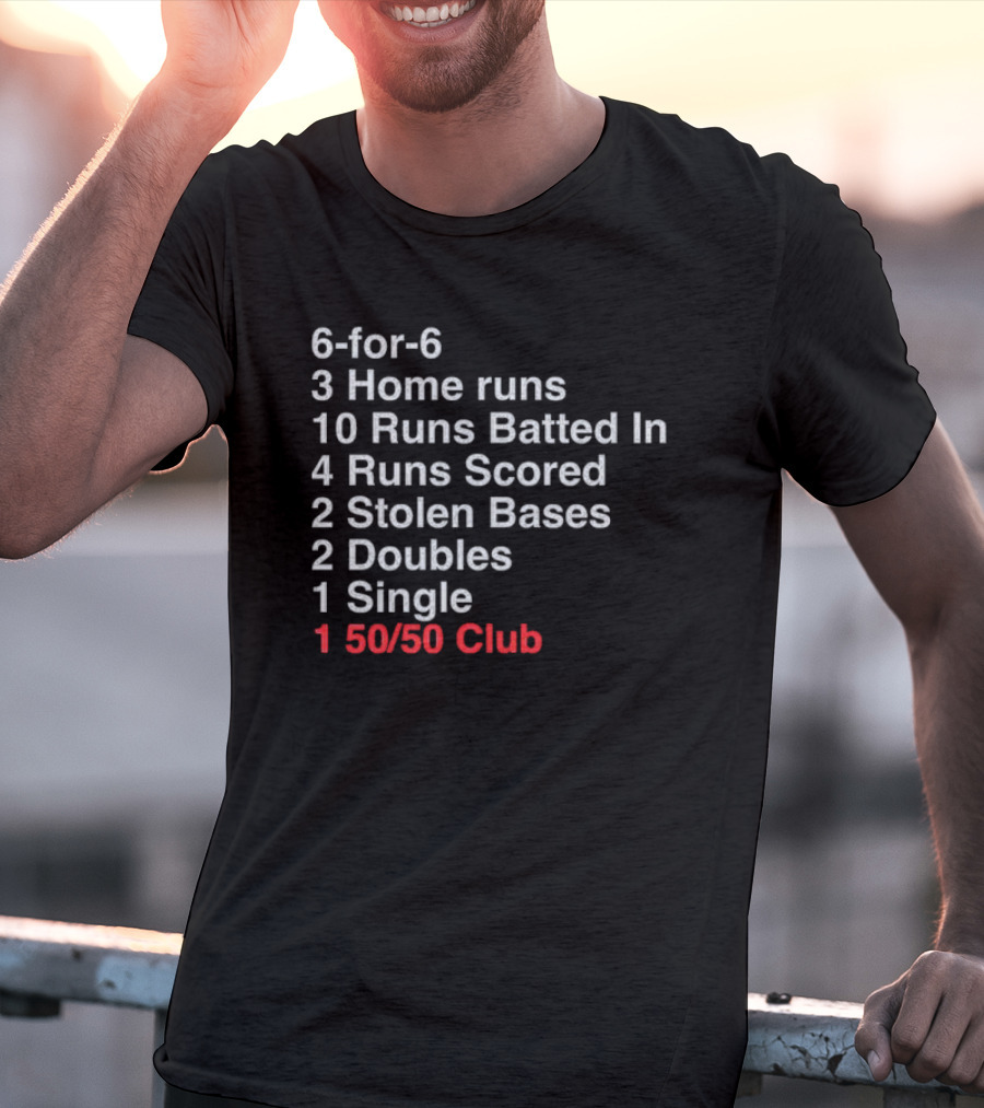 Shohei Ohtani 6-for-6 3 Home Runs 10 Runs Batted In 4 Runs Scored 2 Stolen Bases 2 Doubles 1 Single 50-50 Club T-Shirt