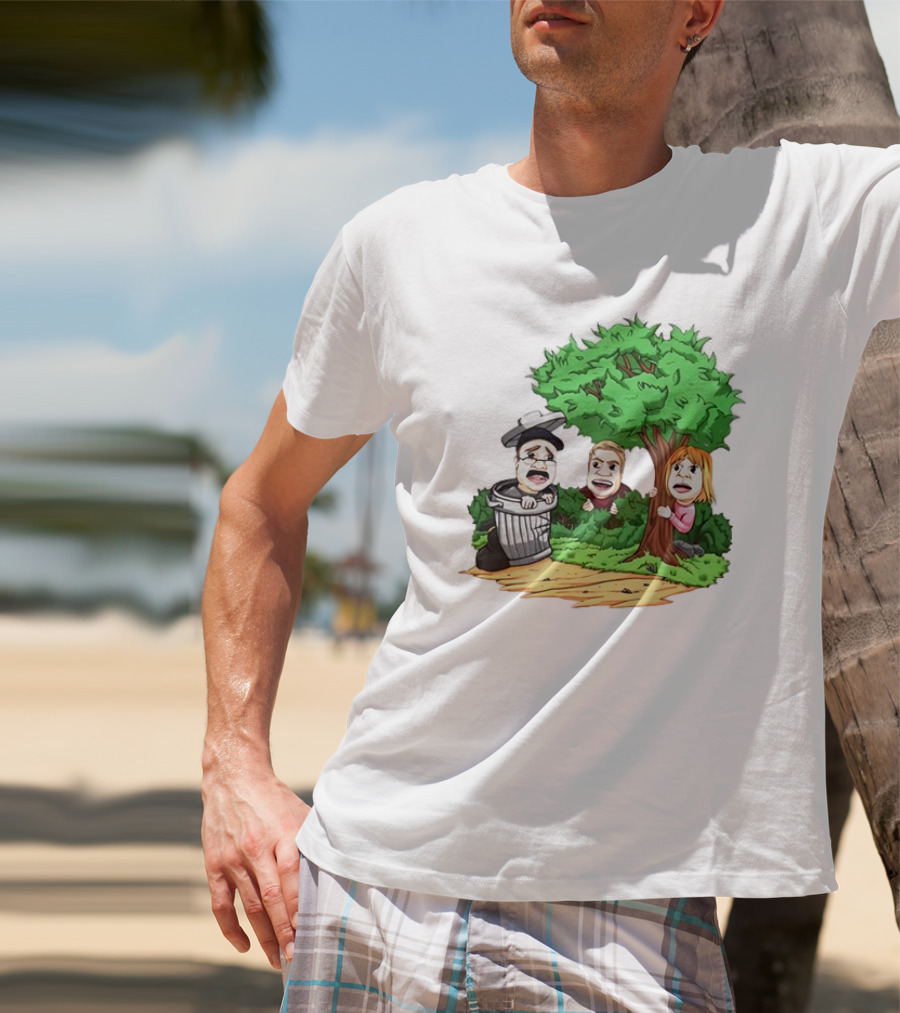 Artem Potokin Little Me Cartoon Characters Hiding Behind Tree And Trash Can T-Shirt
