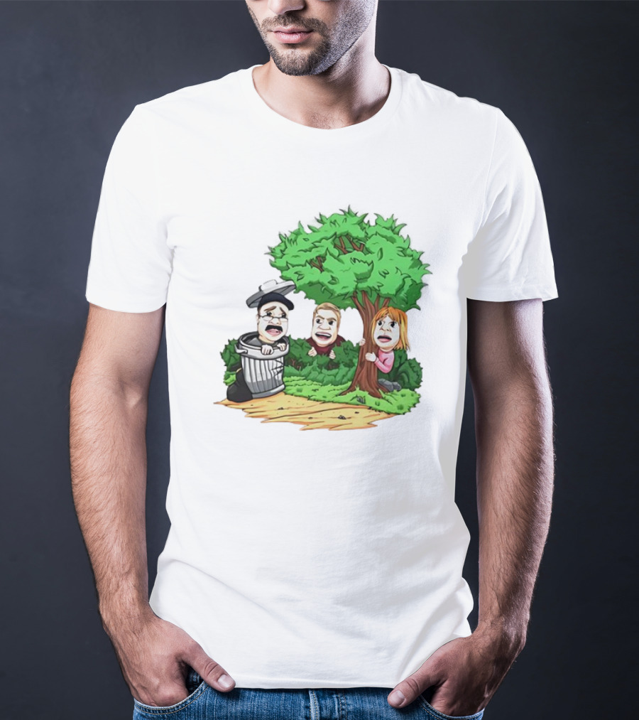 Artem Potokin Little Me Cartoon Characters Hiding Behind Tree And Trash Can T-Shirt