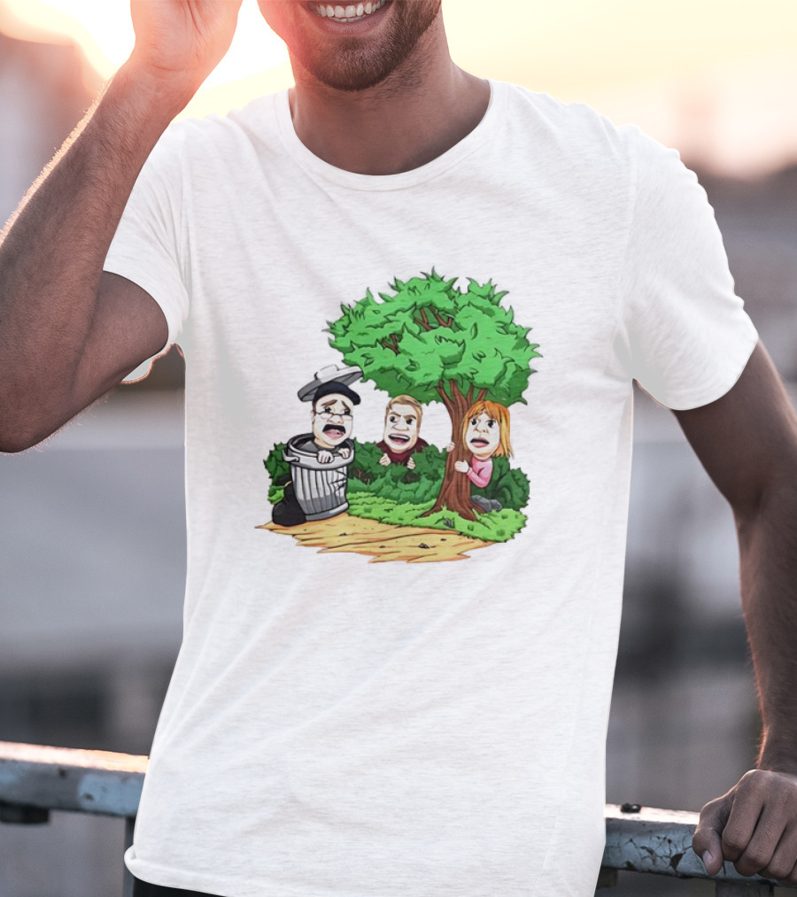 Artem Potokin Little Me Cartoon Characters Hiding Behind Tree And Trash Can T-Shirt
