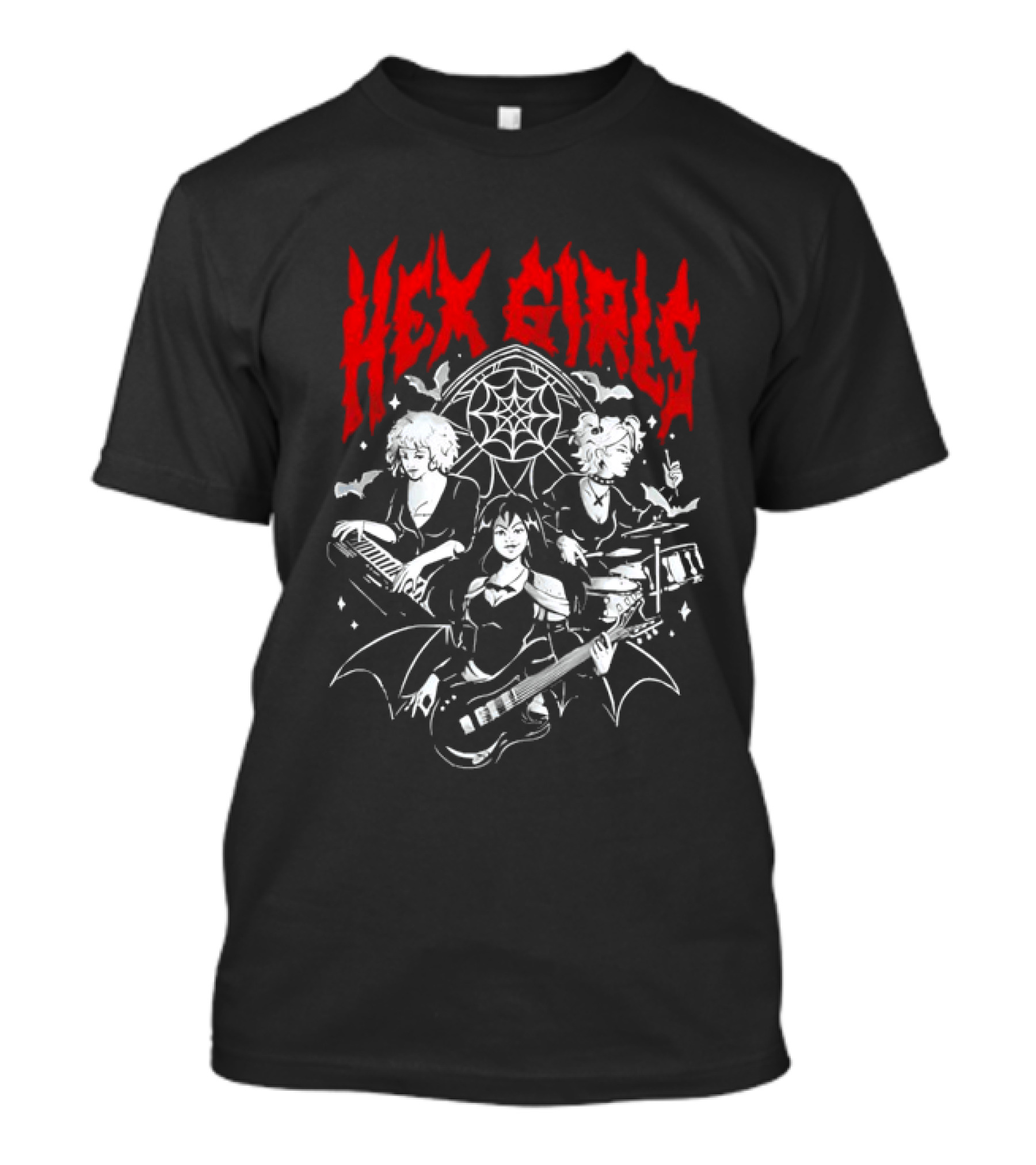 Hex Girls Band Gothic Rock Trio With Instruments And Spiderweb Background T-Shirt