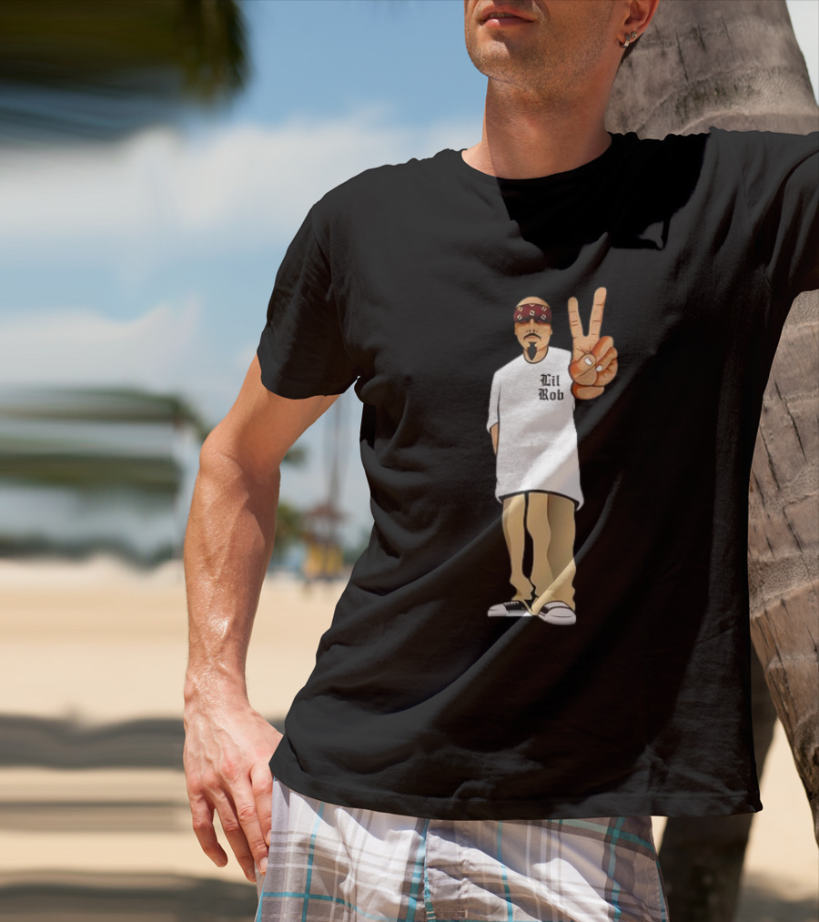 Lil Rob Peace Gesture Cartoon Character With Headband And Bearded T-Shirt