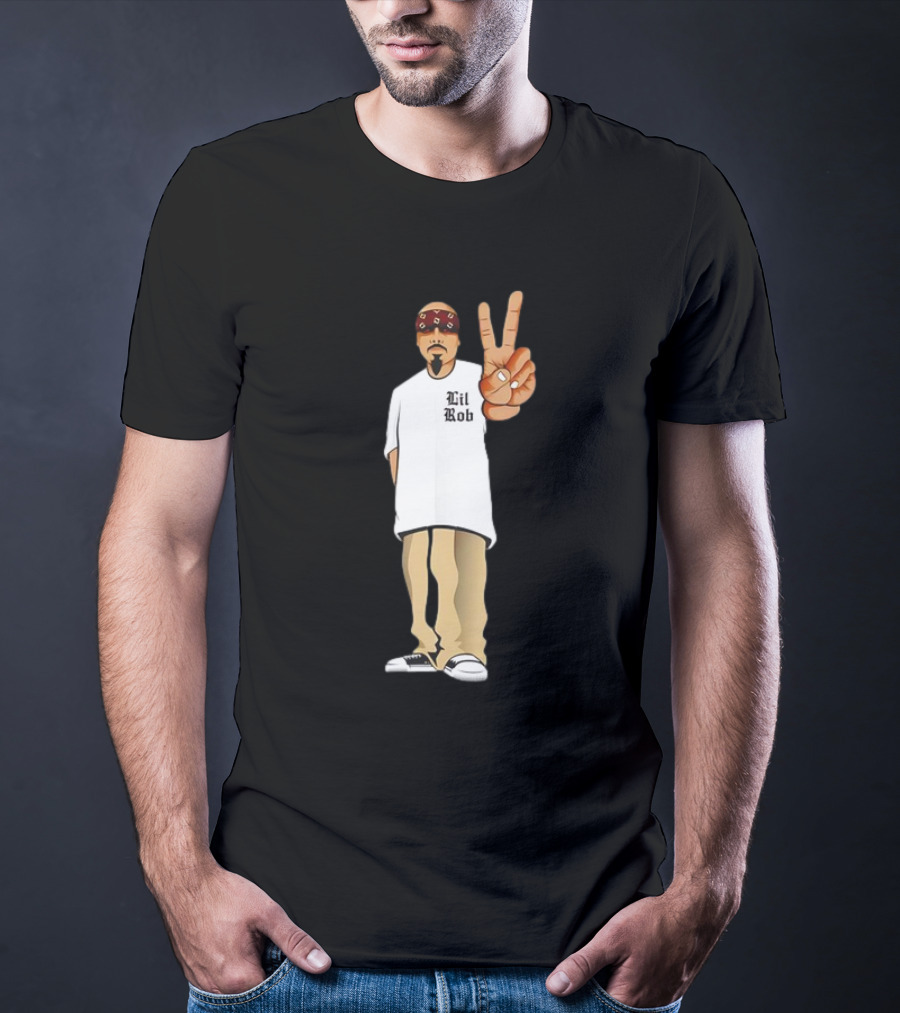 Lil Rob Peace Gesture Cartoon Character With Headband And Bearded T-Shirt