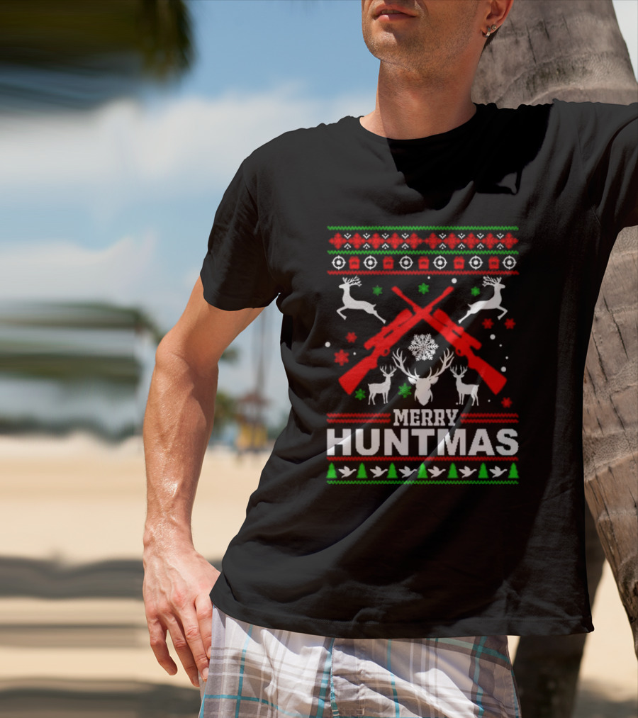 Merry Huntmas Christmas Reindeer Guns And Antlers Holiday T-Shirt