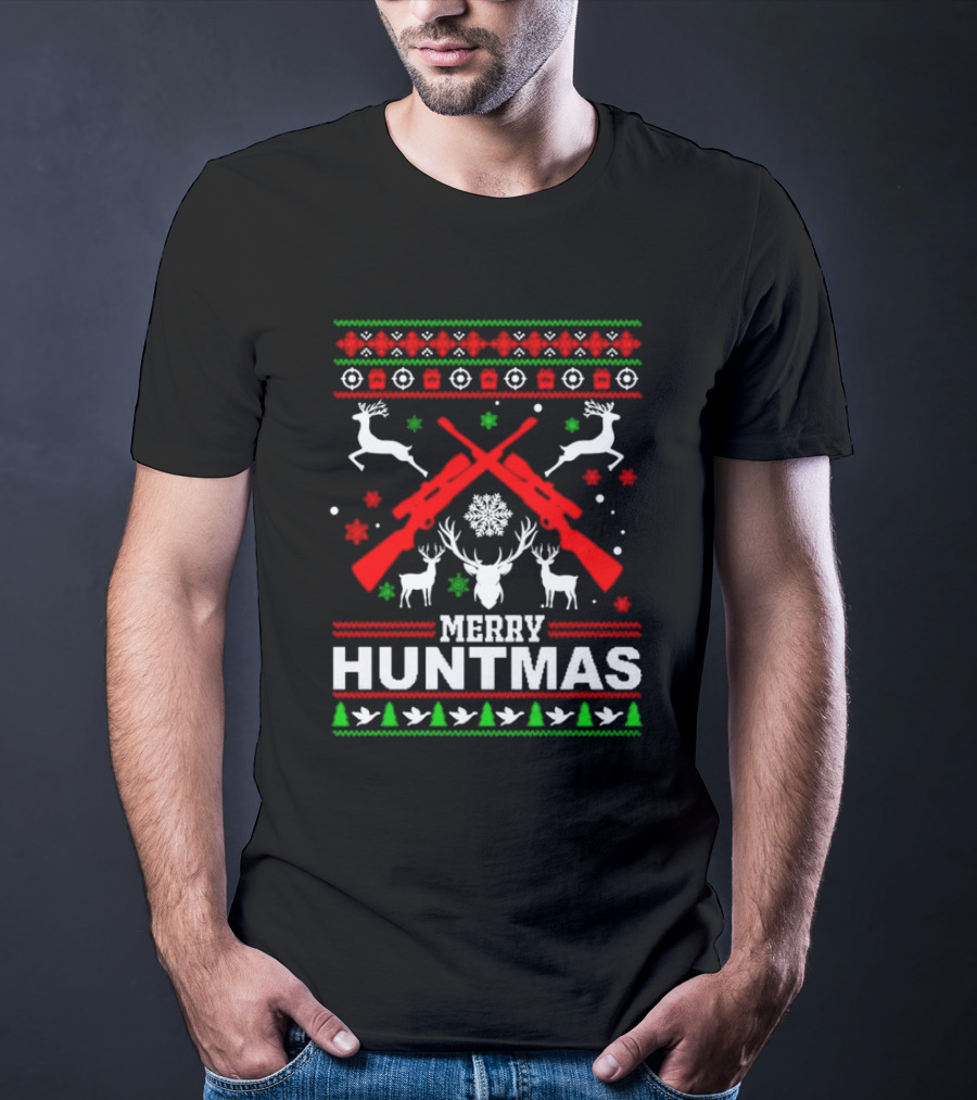 Merry Huntmas Christmas Reindeer Guns And Antlers Holiday T-Shirt