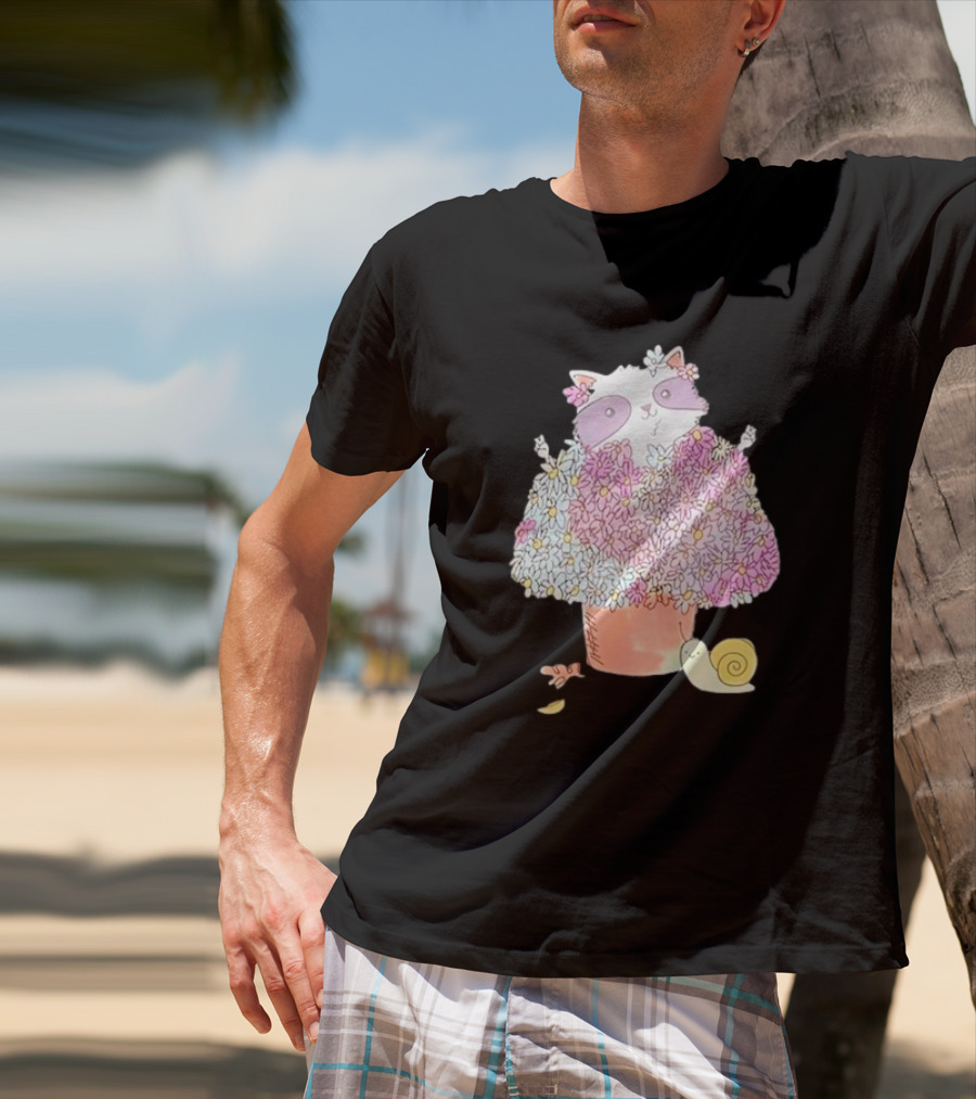 Raccoon In Floral Pot With Snail And Blossoms T-Shirt