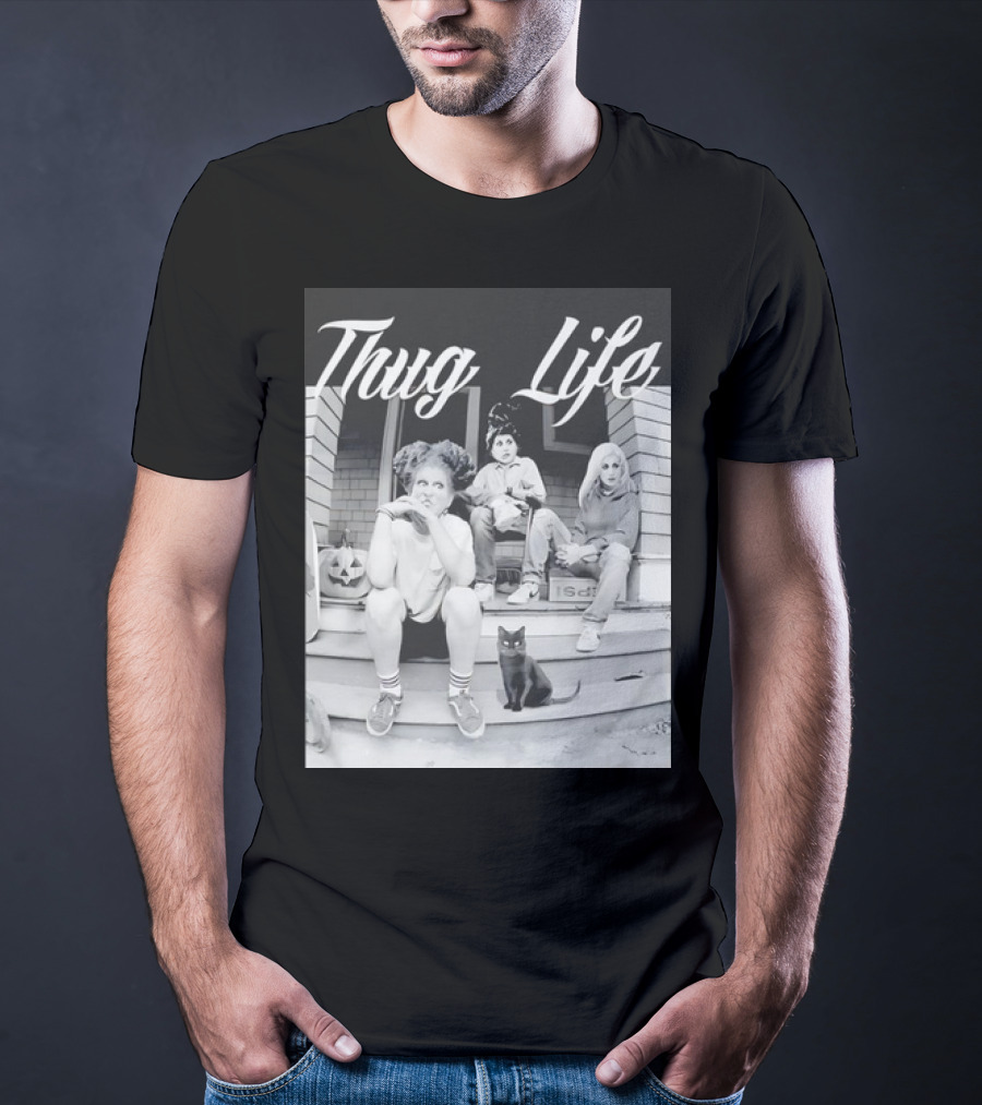 Hocus Pocus Thug Life Witchy Trio With Black Cat And Pumpkin Porch Scene T-Shirt