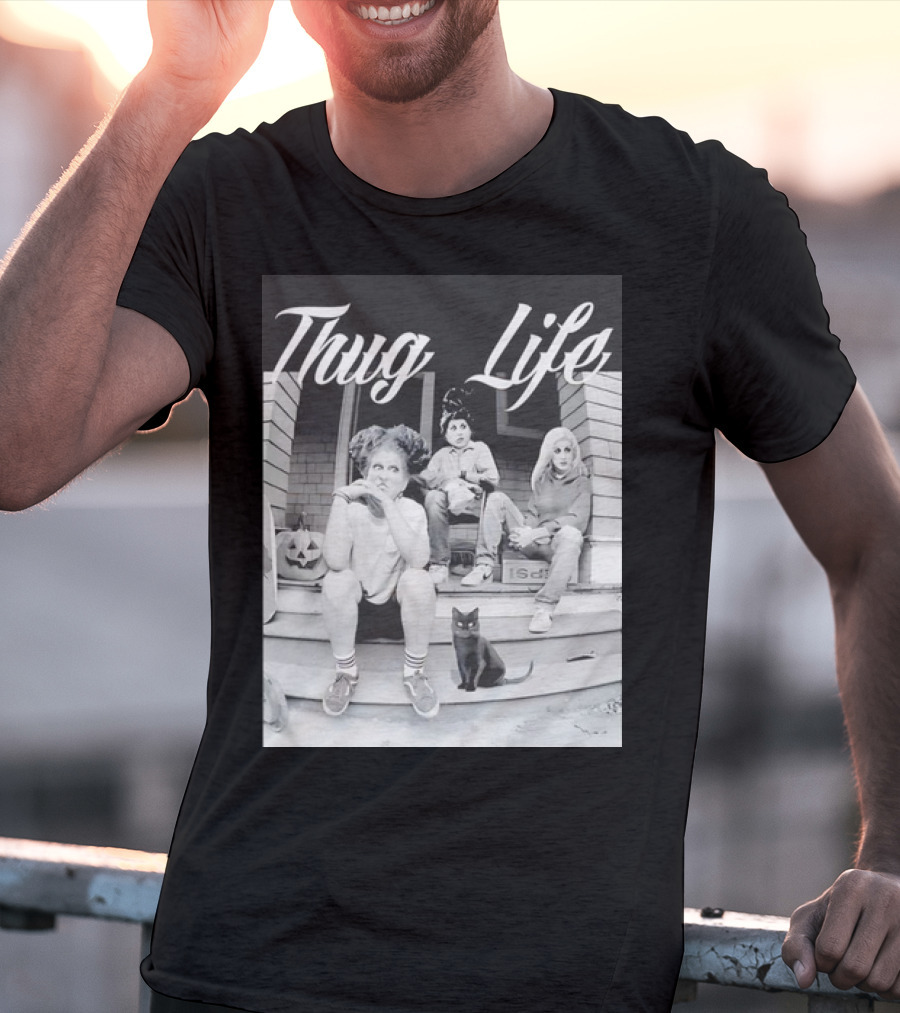 Hocus Pocus Thug Life Witchy Trio With Black Cat And Pumpkin Porch Scene T-Shirt