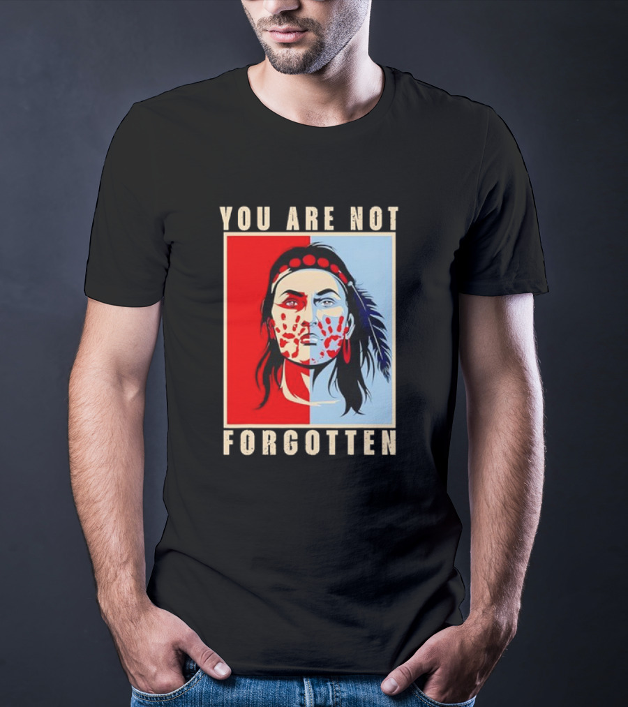 You Are Not Forgotten Awareness Native American Indian Red Handprint Feather Profile T-Shirt